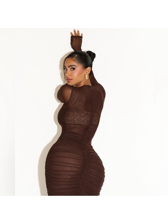 naked wardrobe Dresses & Skirts - Naked wardrobe chocolate mesh Ruched Long Sleeve Maxi Dress sz medium